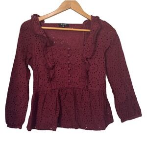 Madewell Burgundy Eyelet Square Neck Peplum Button‎ Front Long Sleeve Blouse XS